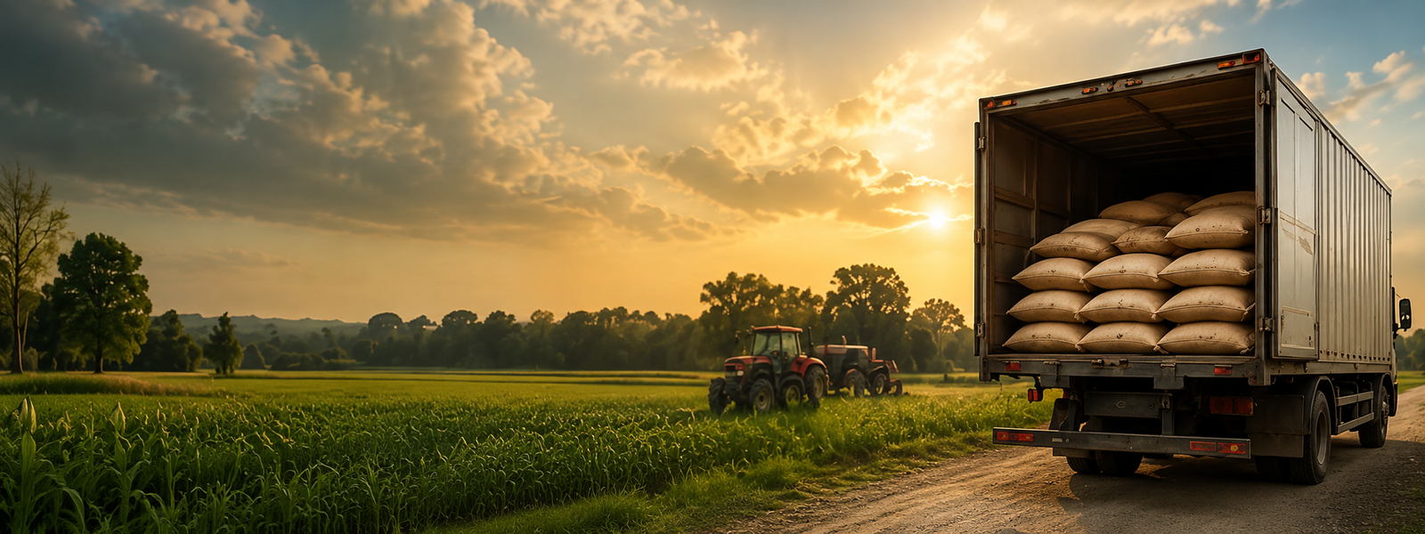 Loaded supply truck beside green farmland at sunrise