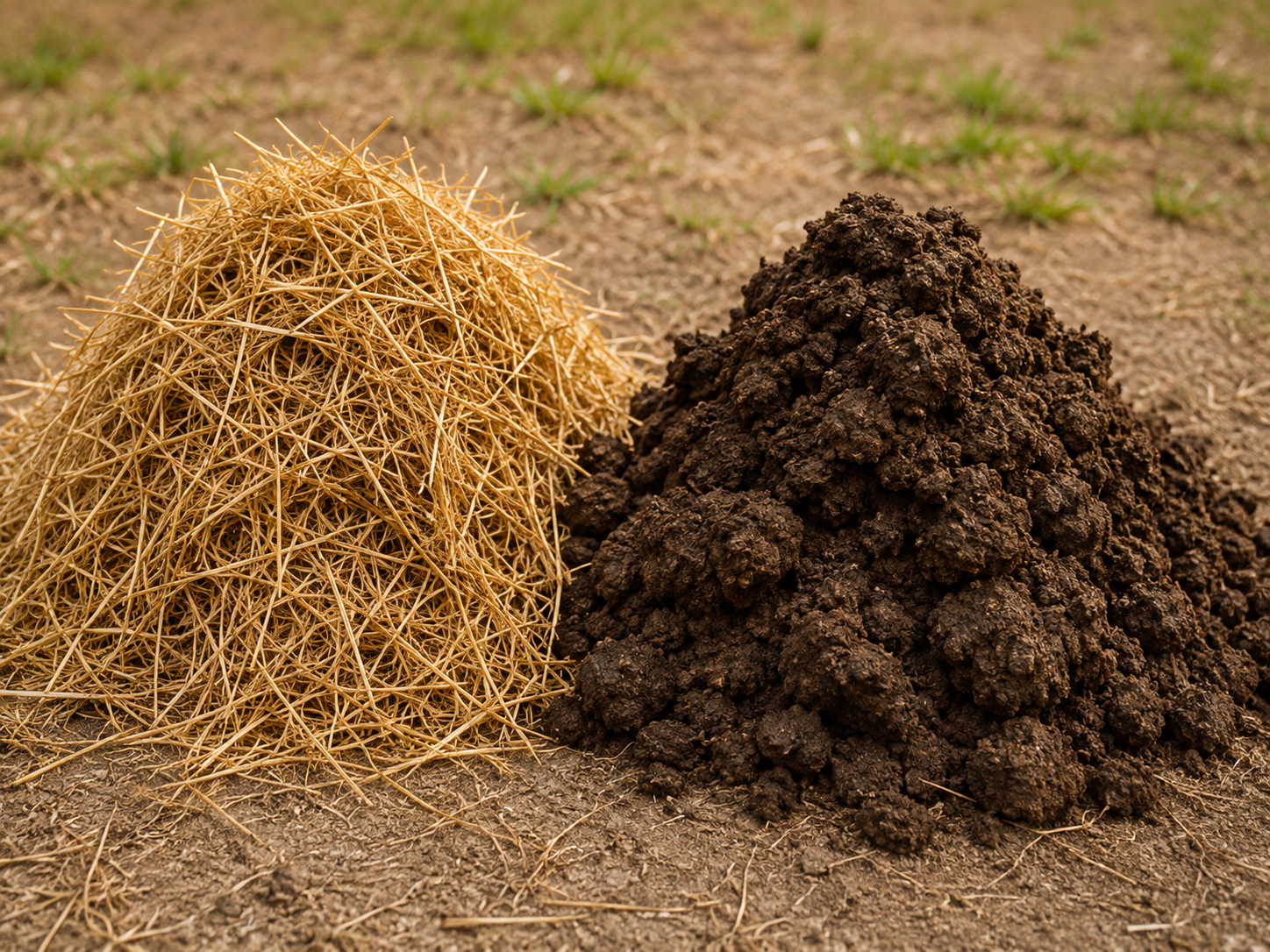 Cow dung manure fertilizer heap beside dry straw in an open field