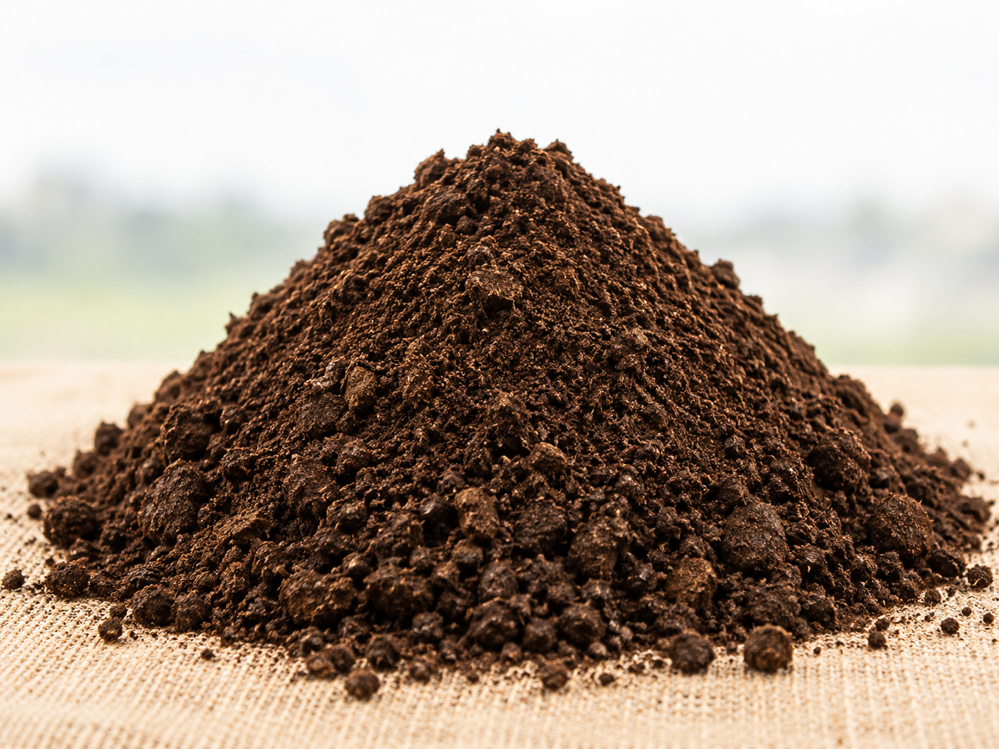 Heap of dark, nutrient rich cow dung organic manure on jute cloth