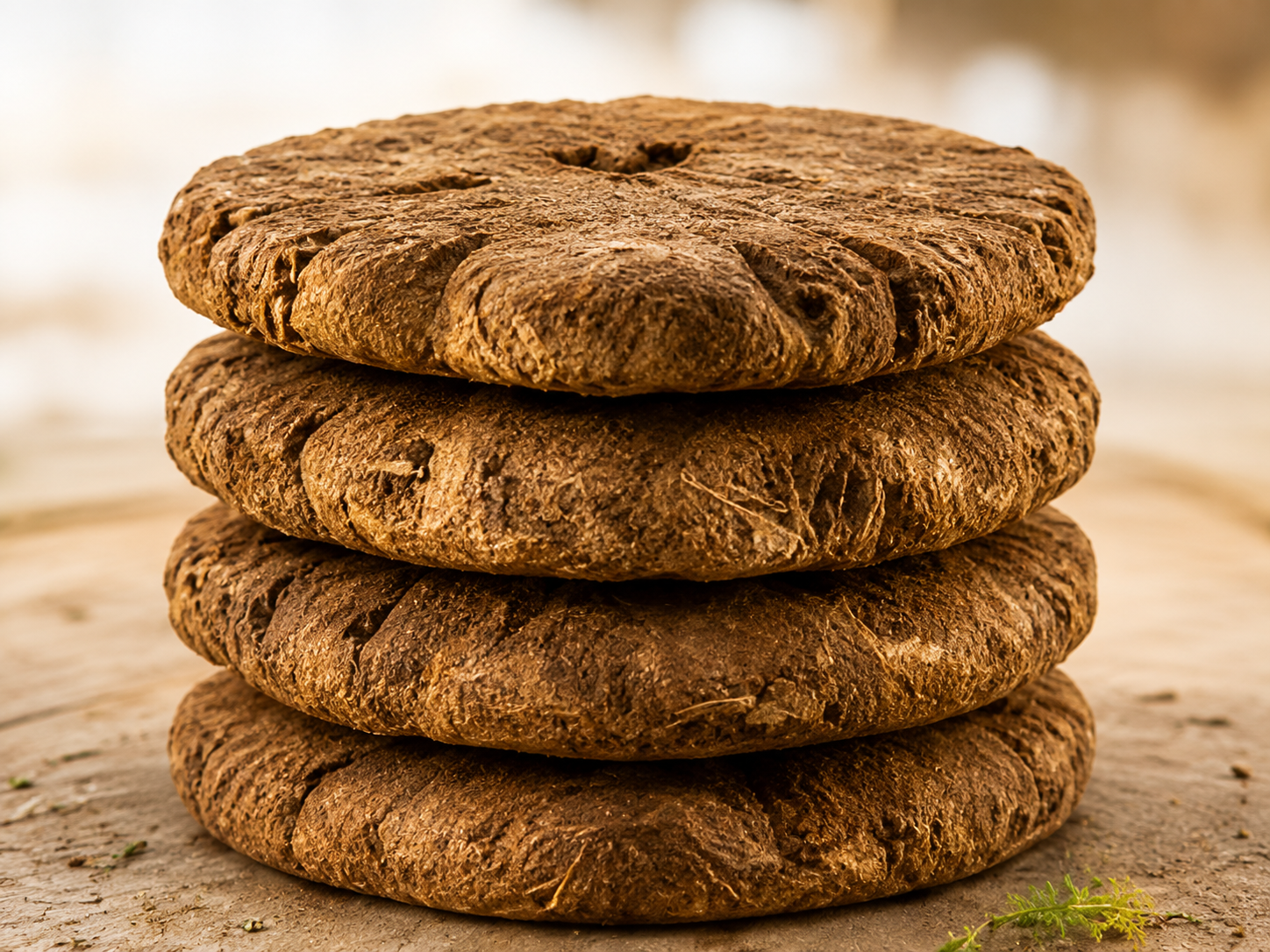 Stack of hand made organic cow dung cakes