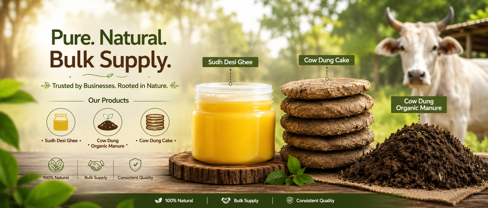 Pure, natural bulk supply of Sudh Desi Ghee, cow dung cakes and cow dung organic manure