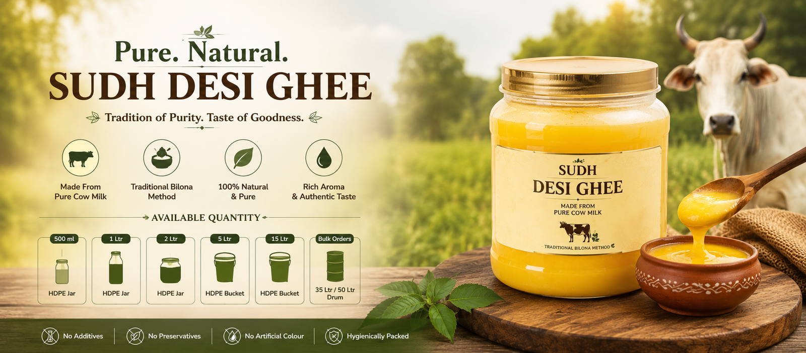 Sudh Desi Ghee made from pure cow milk by the traditional Bilona method, available from 500 ml to 50 litre drums